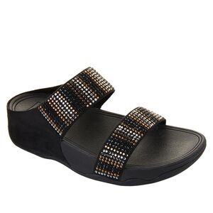 FitFlop Flare Strobe Rhinestone Slide Sandals in Gold/Silver/Black – Women Sz 11